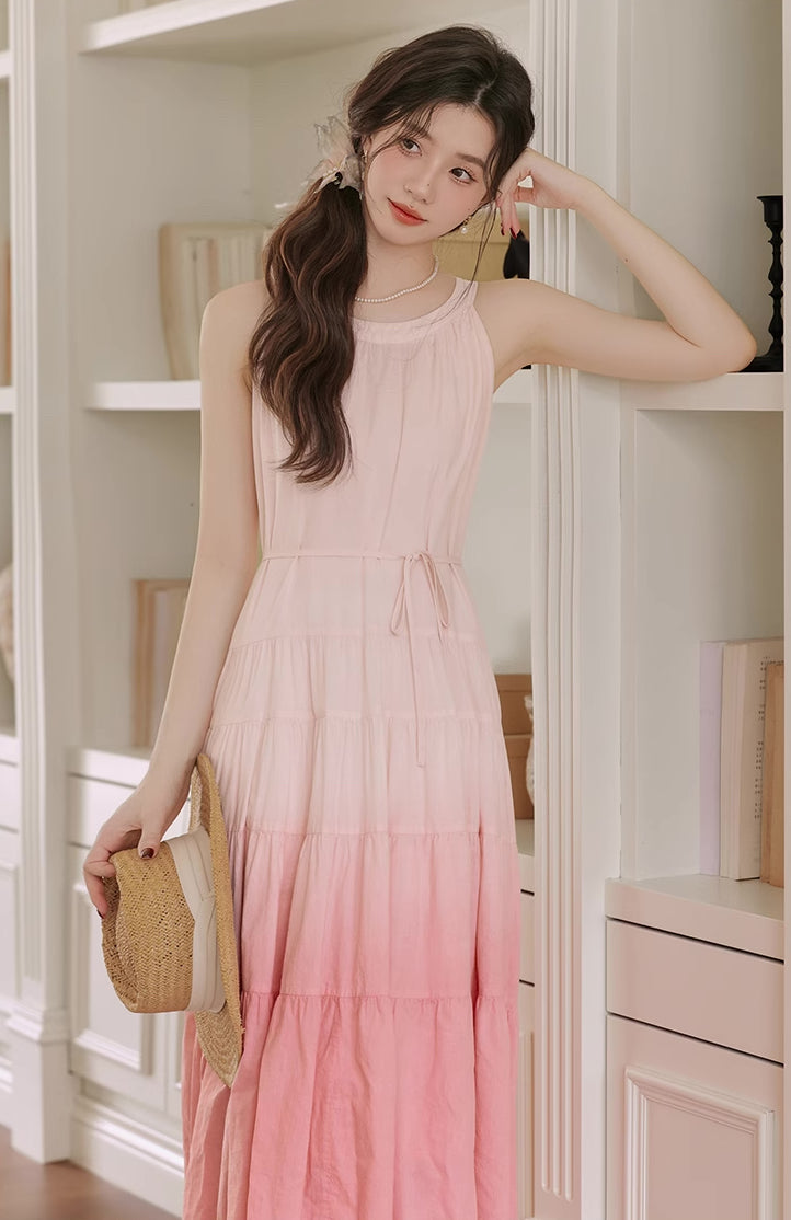 Ombre Halter Trapeze Midi Dress (Pink)