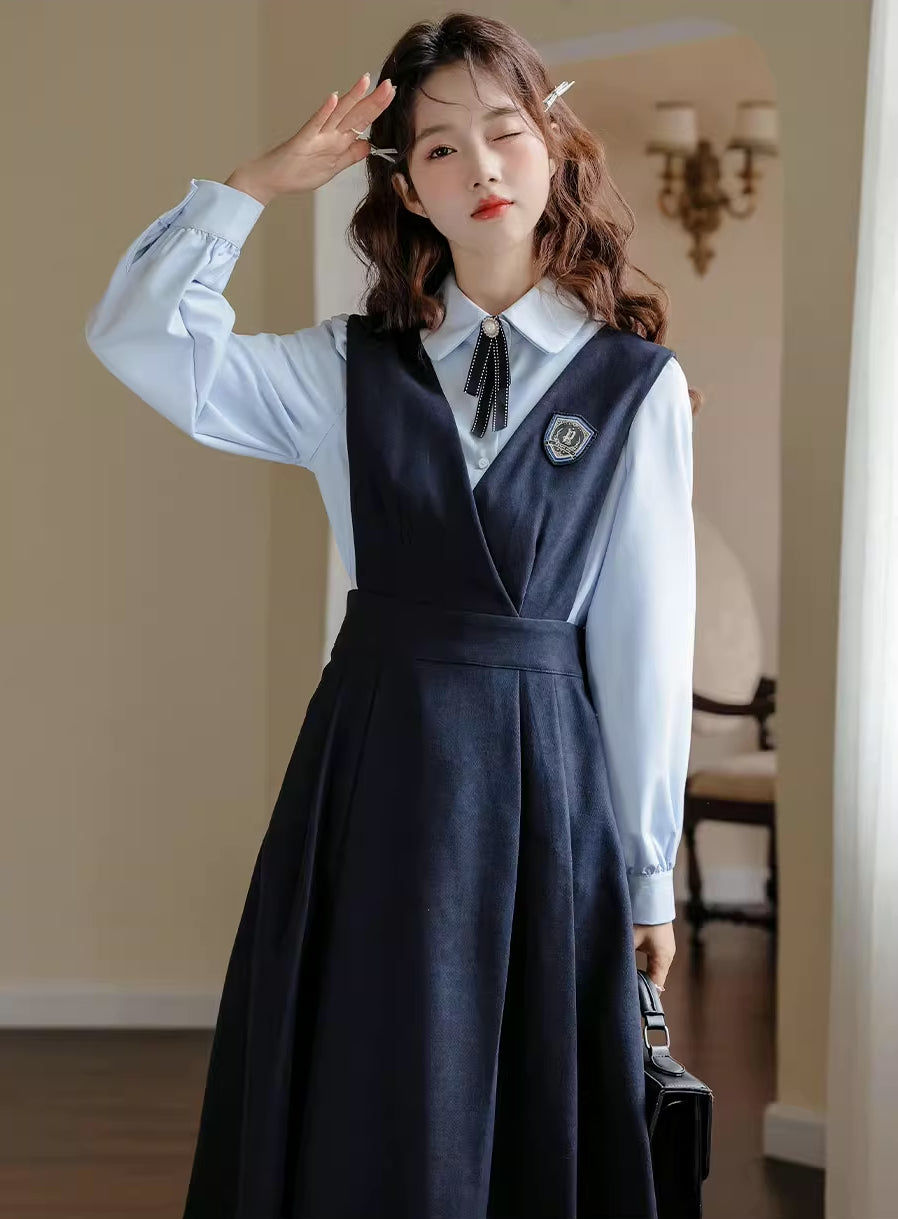 Corduroy Suede Midi Pinafore Dress & Blouse Set (Navy)