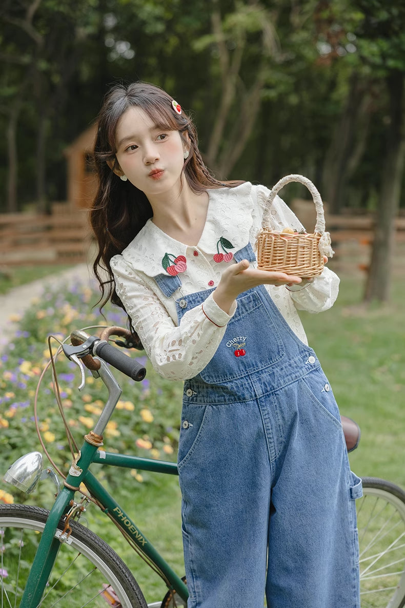 Cherry Denim Overalls (Medium Blue)