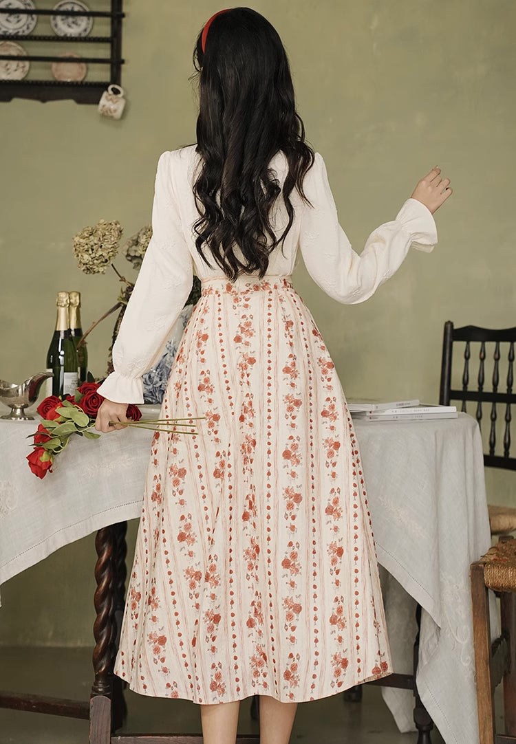 Rose Wallpaper Blouse & Skirt Set (Cream/Red)