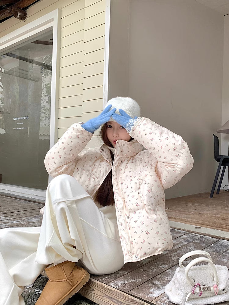 Ditsy Floral Puffer Jacket (Cream/Pink)