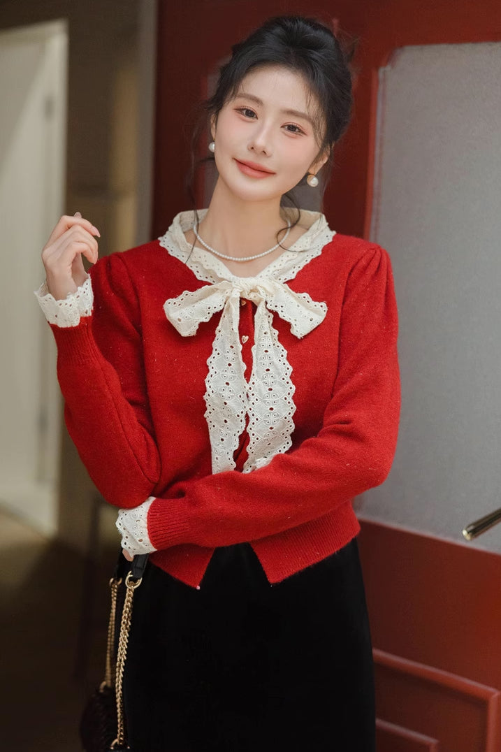 Heart Button Lace Trim Cardigan (3 Colors)