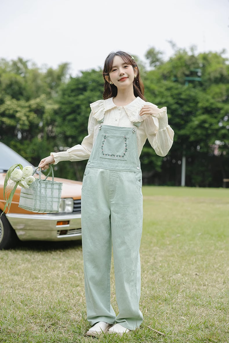 Flower Vines Embroidered Overalls (Green)