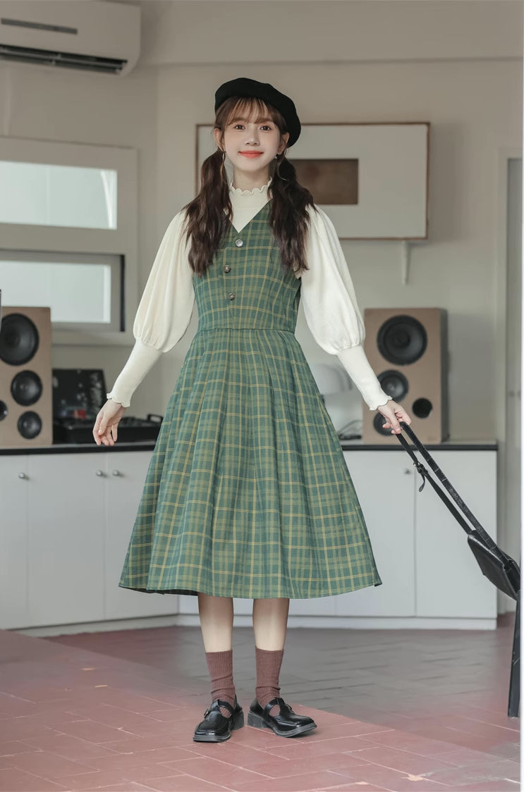 Huntington Plaid Midi Dress (Green)