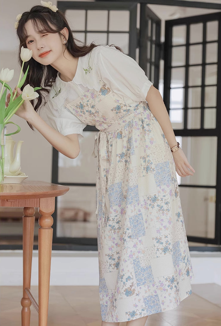 Ditsy Floral Patchwork Apron Dress (White)