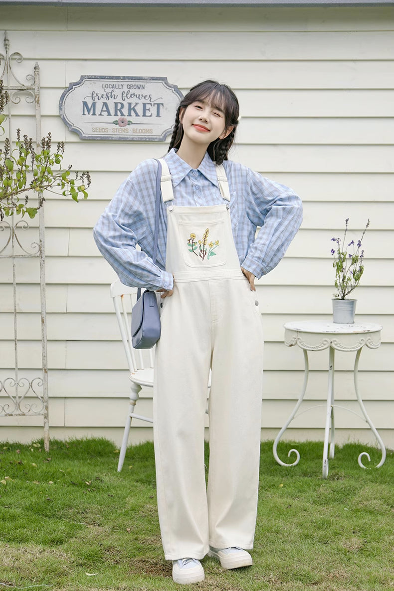 Wildflower Embroidered Overalls (White)