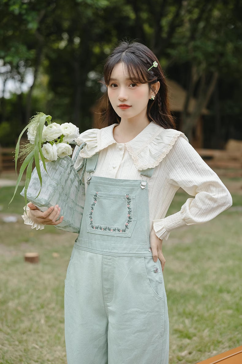Flower Vines Embroidered Overalls (Green)