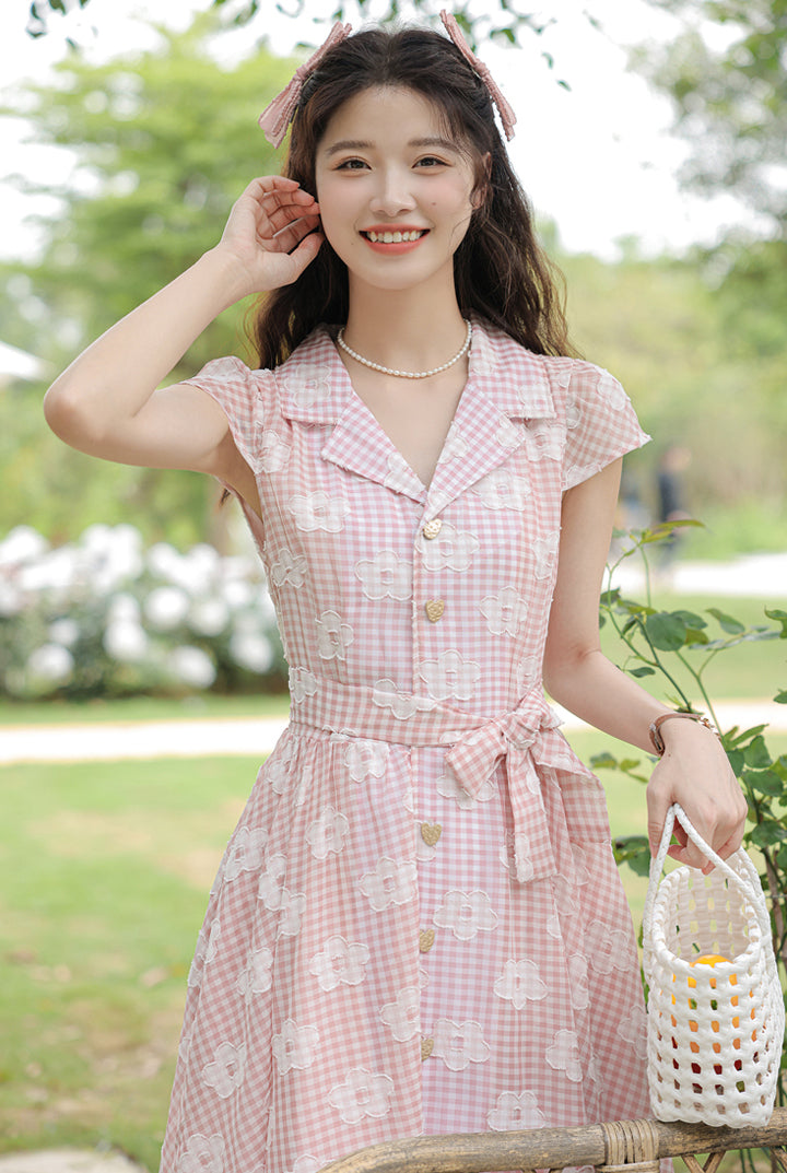 Gingham Daisy Shirt Dress (Pink)
