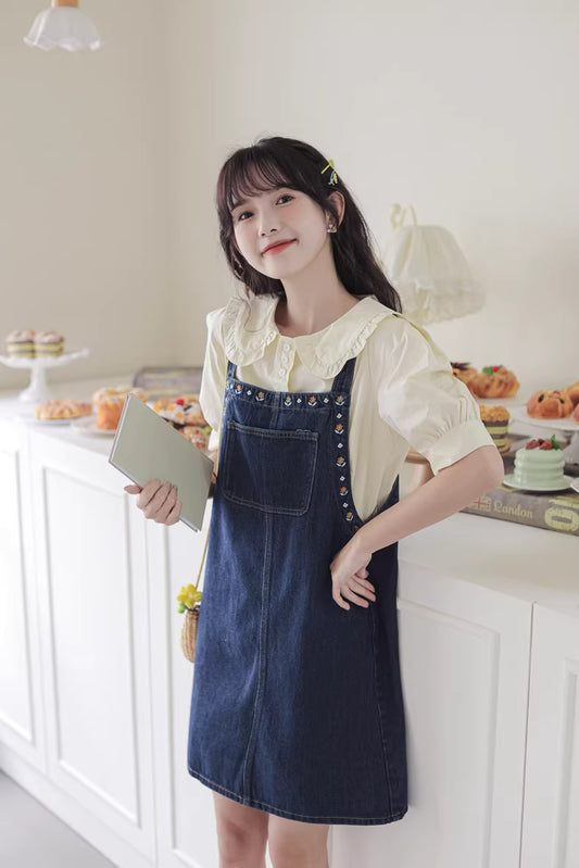 Flower Embroidered Mini Pinafore Dress (Dark Denim)