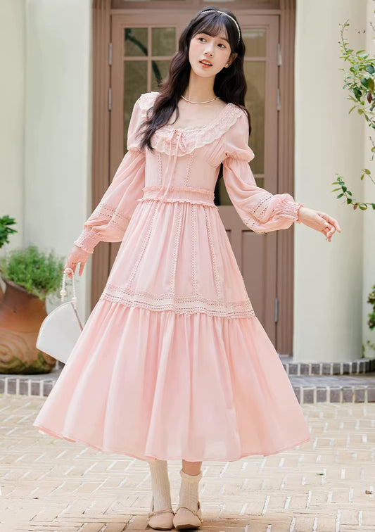 Eyelet Lace Tiered Midi Dress (Pink)