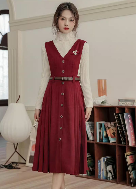 Corduroy Button Pleated Midi Pinafore (2 Colors)