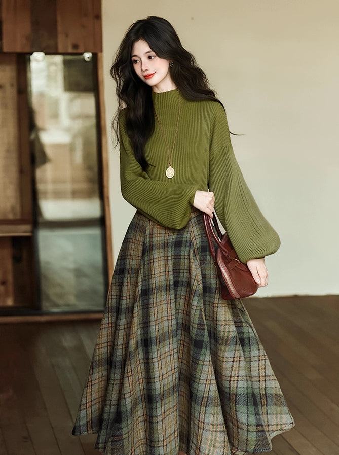 Willow Plaid Sweater & Skirt Set (Green)
