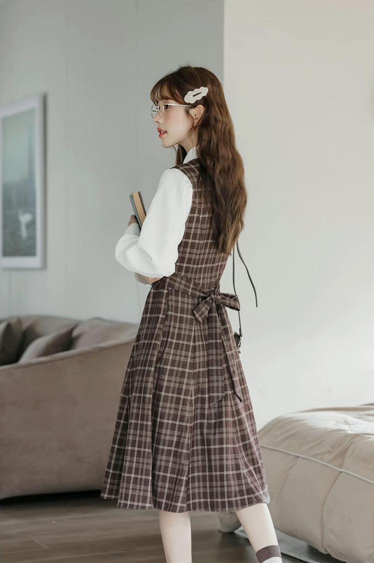 Cocoa Plaid Midi Dress (Dark Brown)