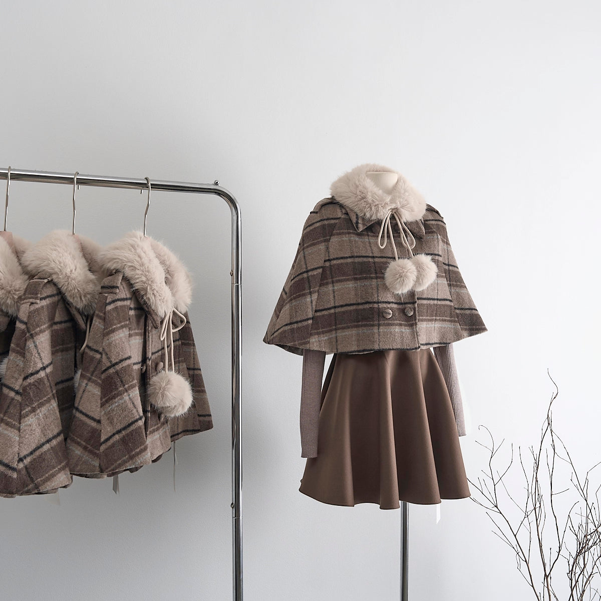 Mint Cocoa Plaid Capelet & Dress Set (Khaki)