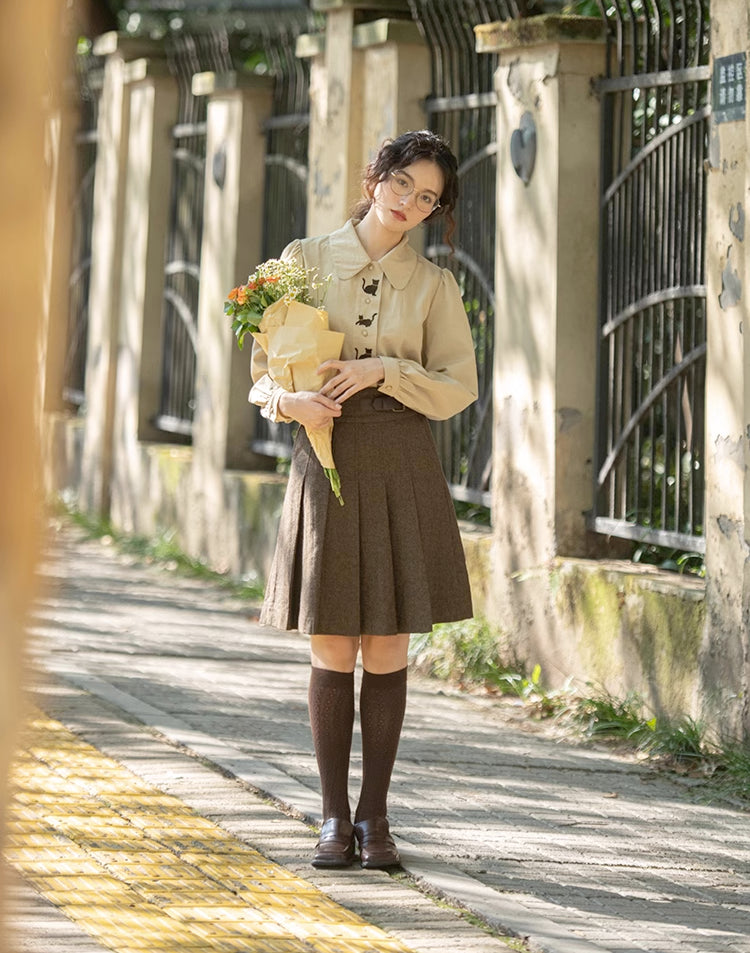 Black Cat Embroidered Blouse (Khaki)