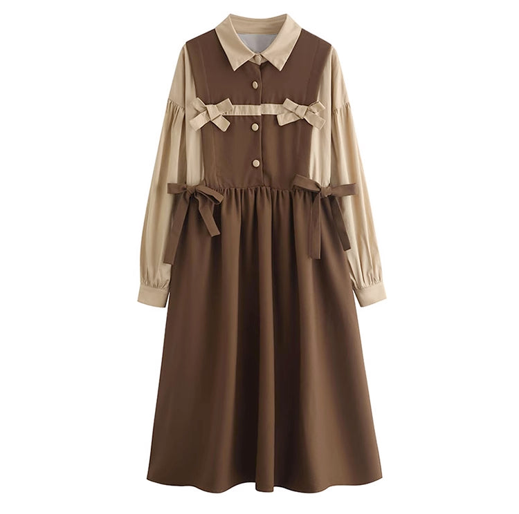 Cocoa Bows Twofer Midi Dress (Brown)