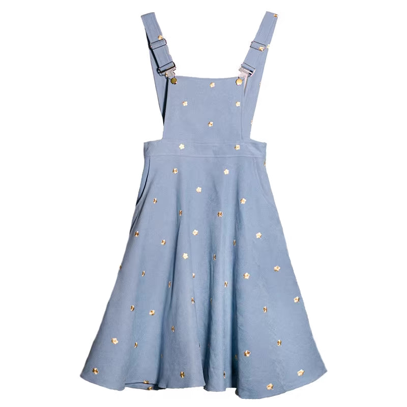 Delicate Daisy Embroidered Pinafore (Blue)