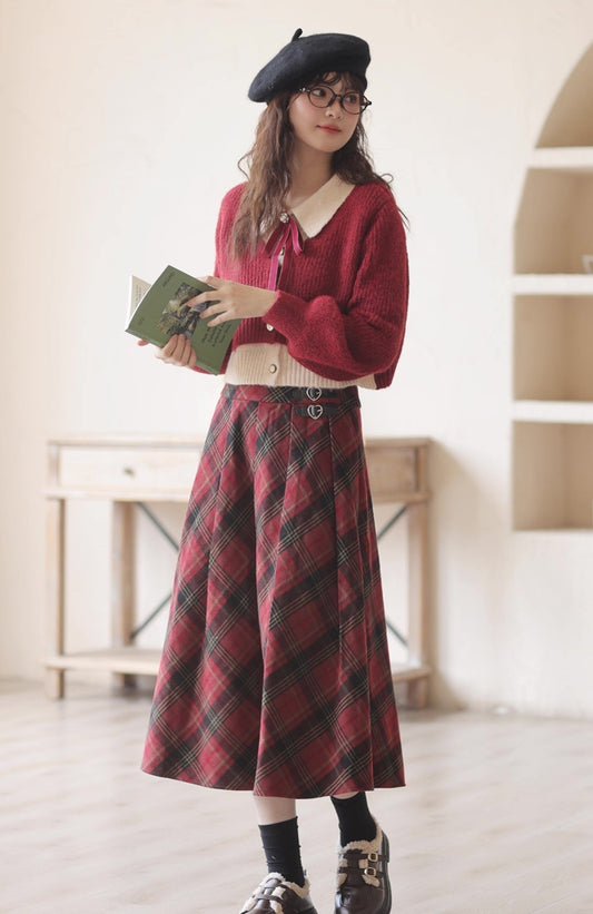 Merry Plaid Midi Skirt (Red)