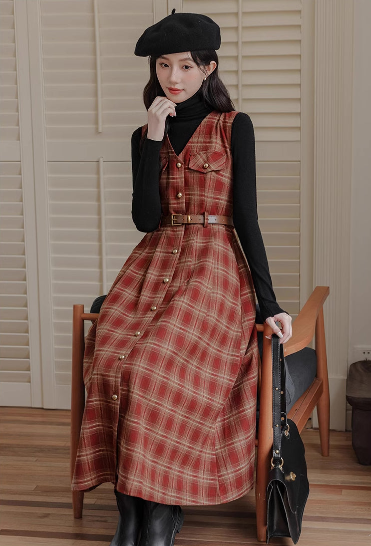 Ginger Plaid Pinafore Midi Dress (2 Colors)
