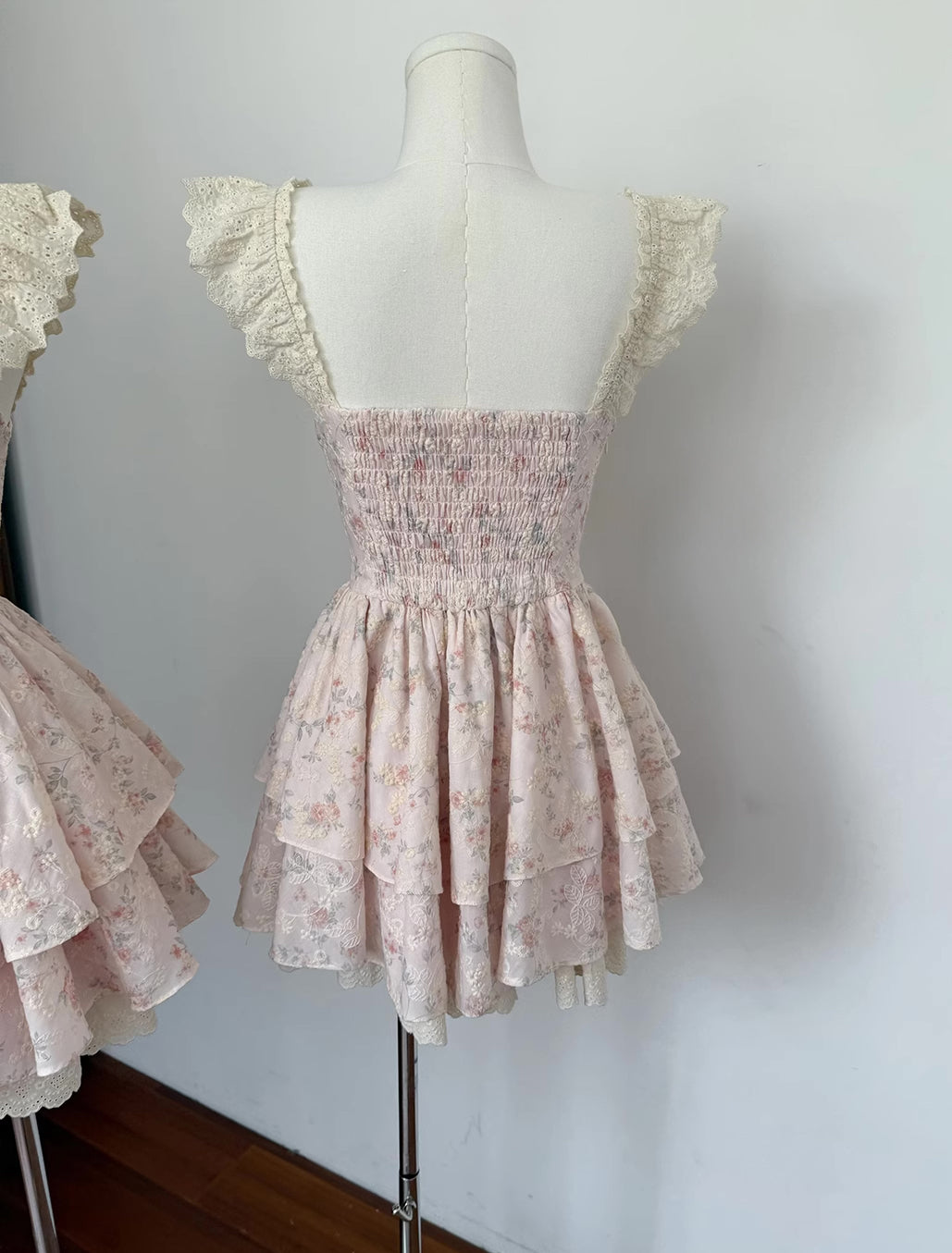 Floral Broderie Flutter Sleeve Mini Dress (Pink)
