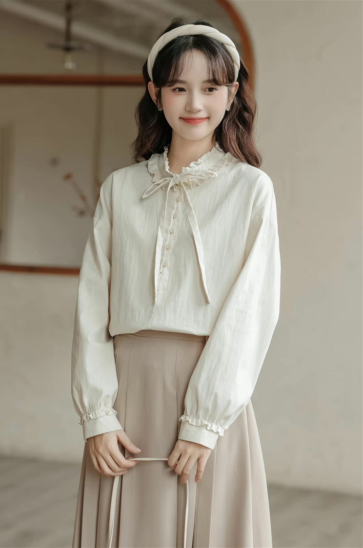 Ruffle Tie Blouse (Beige)