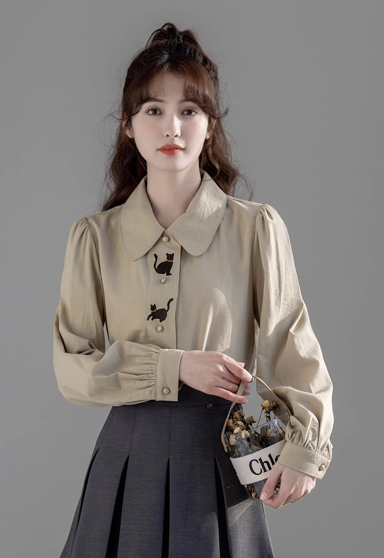 Black Cat Embroidered Blouse (Khaki)