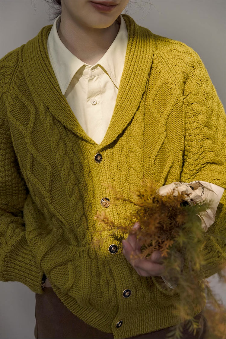 Shawl Collar Cable Knit Cardigan (Chartreuse)