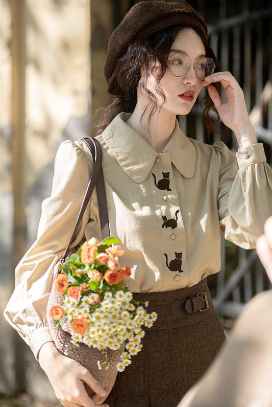 Black Cat Embroidered Blouse (Khaki)