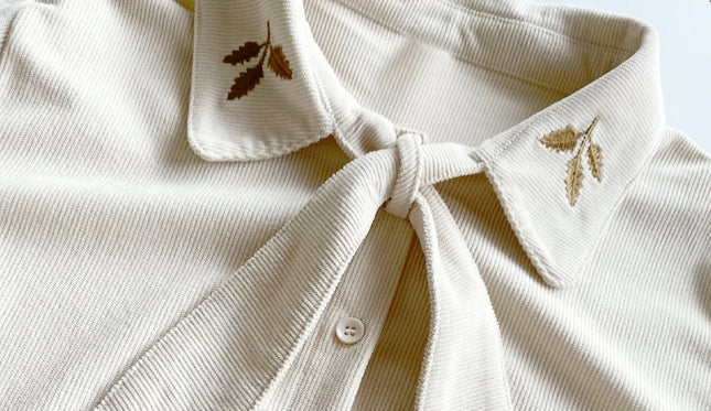 Leafy Corduroy Tie-Neck Blouse (Cream)