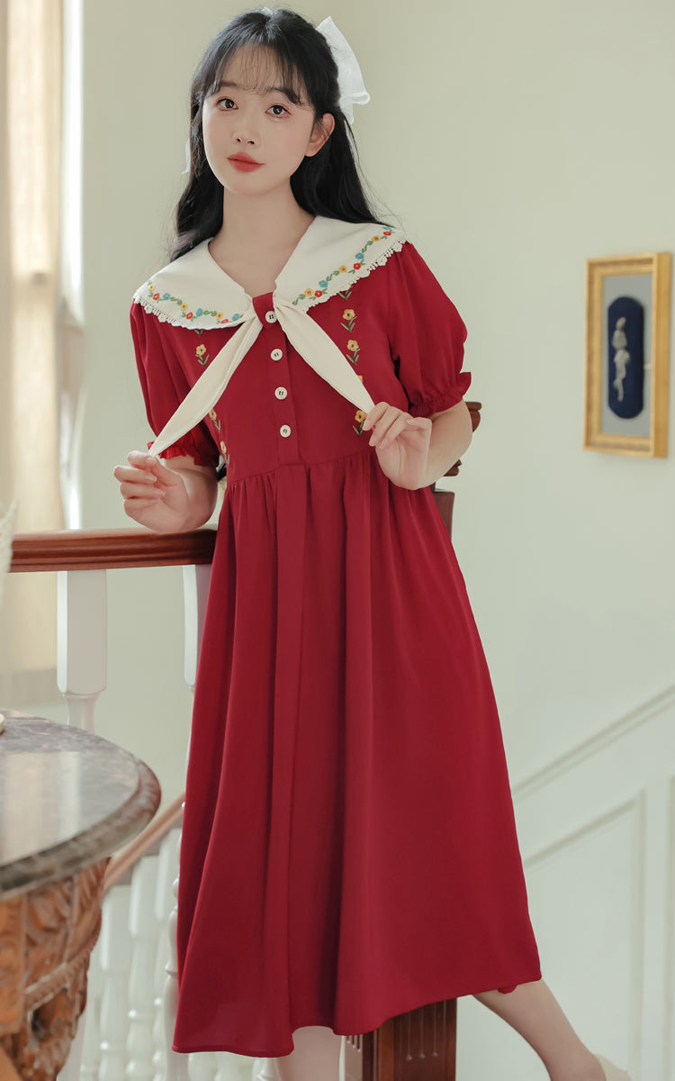 Floral Embroidered Sailor Midi Dress (Red)