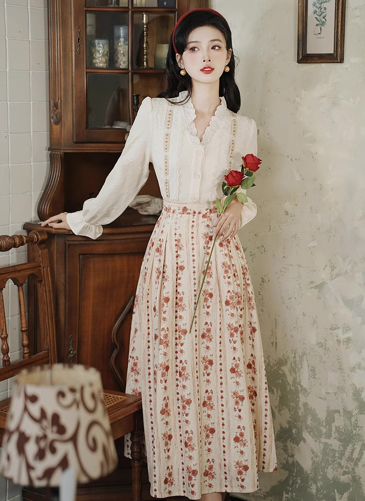 Rose Wallpaper Blouse & Skirt Set (Cream/Red)
