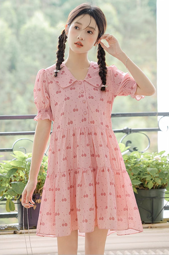 Sweet Cherry Tiered Shirt Dress (Pink)