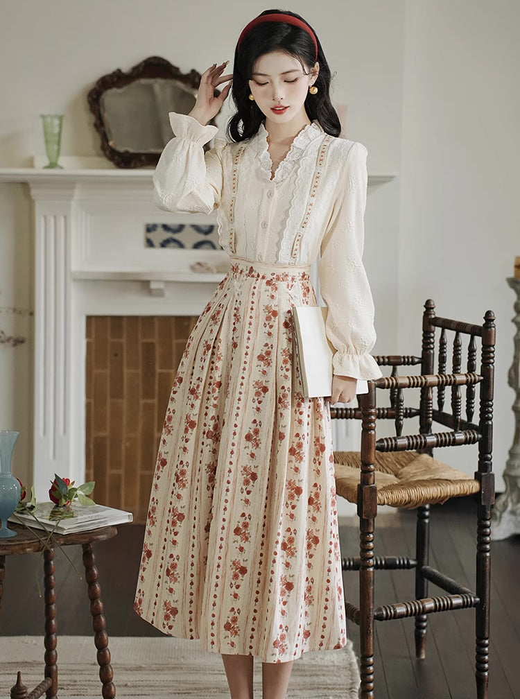 Rose Wallpaper Blouse & Skirt Set (Cream/Red)