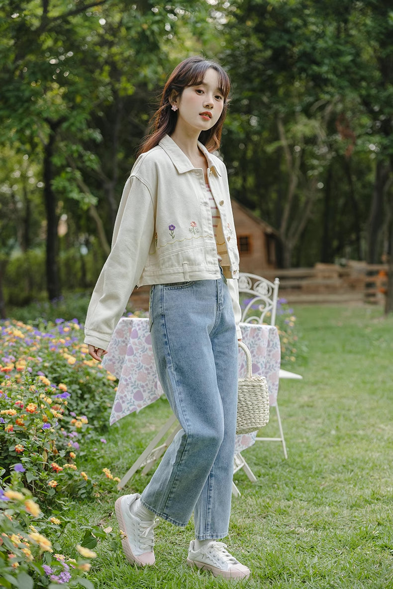 Personal Garden Embroidered Denim Jacket (Cream)