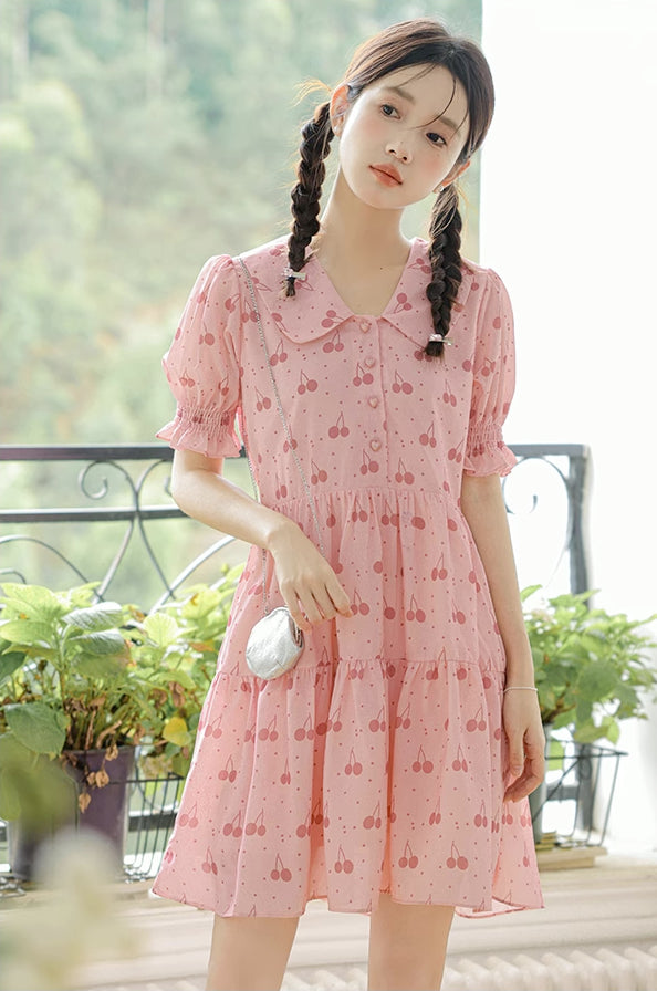 Sweet Cherry Tiered Shirt Dress (Pink)