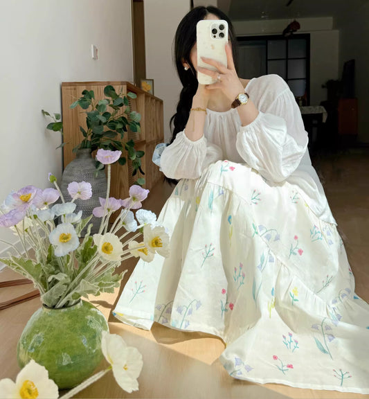 Pastel Watercolor Floral Midi Skirt (Cream)