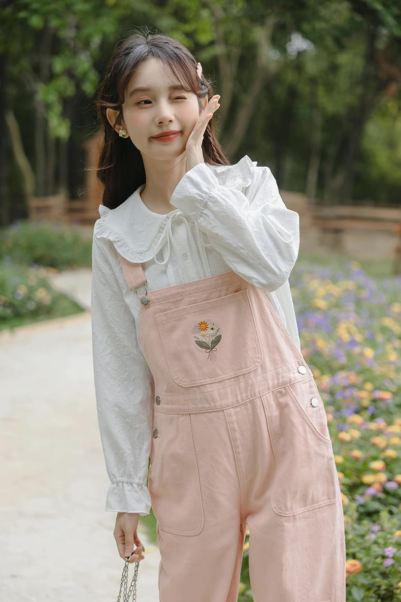 Flower Bouquet Embroidered Overalls (Pink)