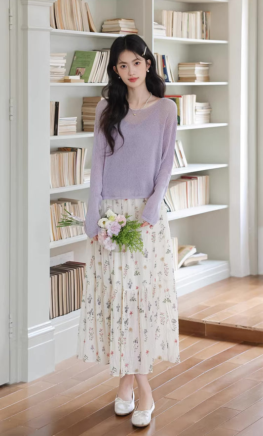 Dried Flowers Midi Skirt (Cream)