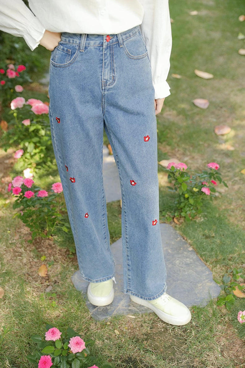 Popping Daisy Embroidered Jeans (Dark Denim)