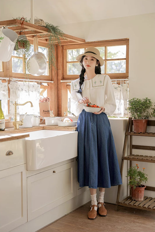 Pleated Denim Midi Skirt (3 Colors)