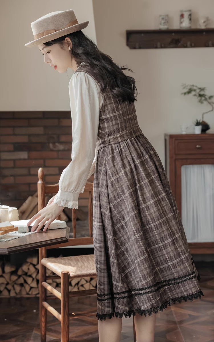 Mocca Plaid Midi Dress (Brown)