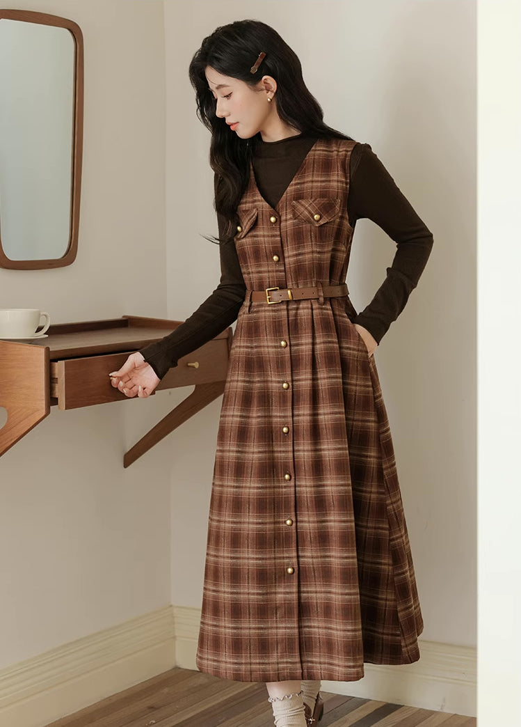 Ginger Plaid Pinafore Midi Dress (2 Colors)