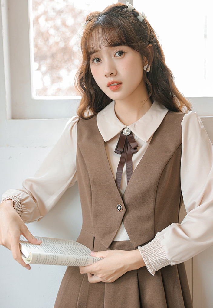 Journalist Waist Coat Dress (Brown)