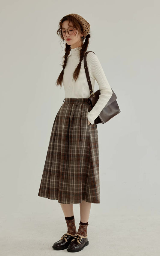 Espresso Plaid Pleated Midi Skirt (Khaki)