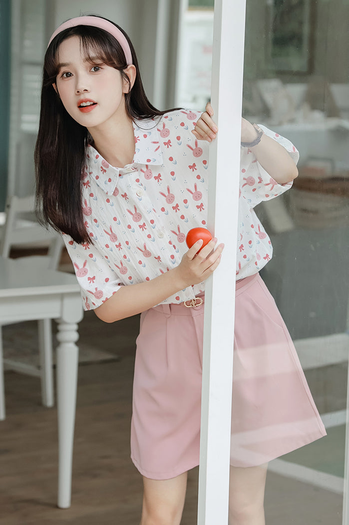 Pink Bunny Button Up Shirt (White)