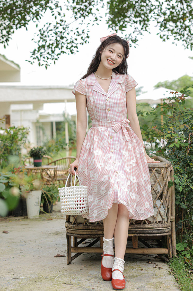 Gingham Daisy Shirt Dress (Pink)