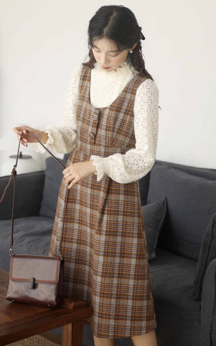 Sunset Plaid Pinafore Midi Dress (Brown)