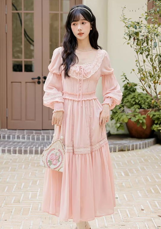 Eyelet Lace Tiered Midi Dress (Pink)