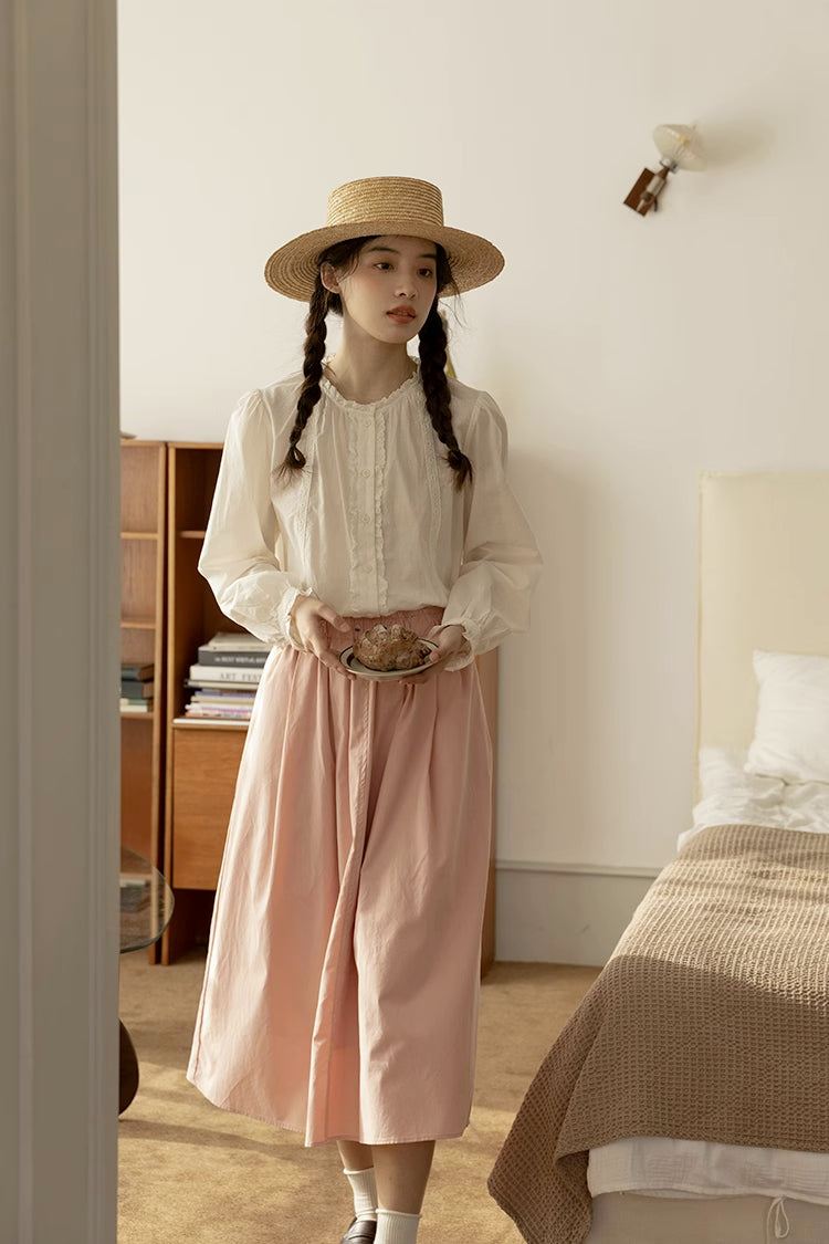 Ruffle Broderie Trim Blouse (White)