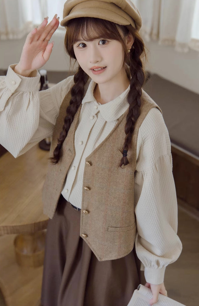 Waffle Puff Sleeve Blouse (Milk Tea)